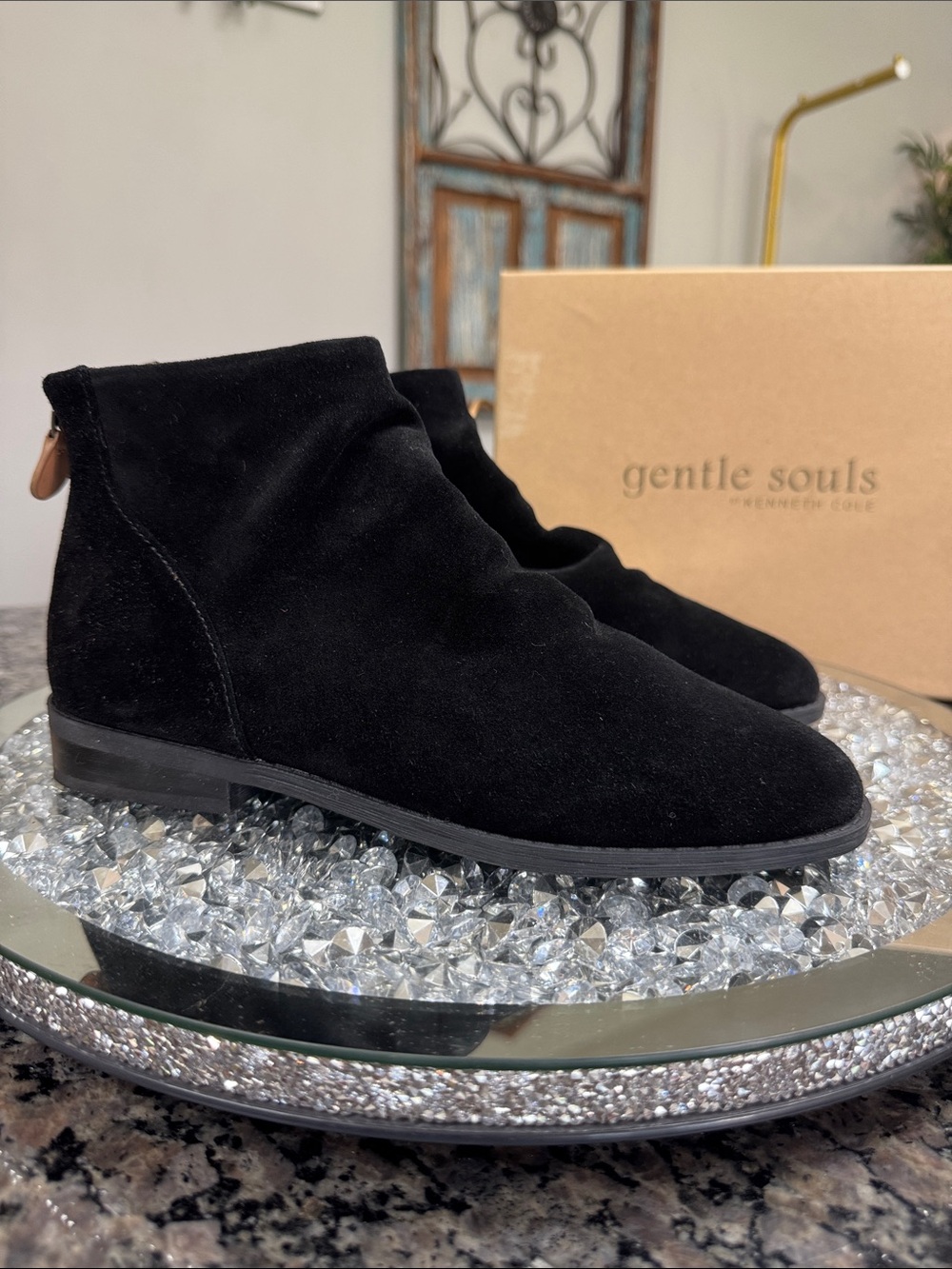 gentle souls Emma Black Suede Zip-Back Ankle Booties NEW 7